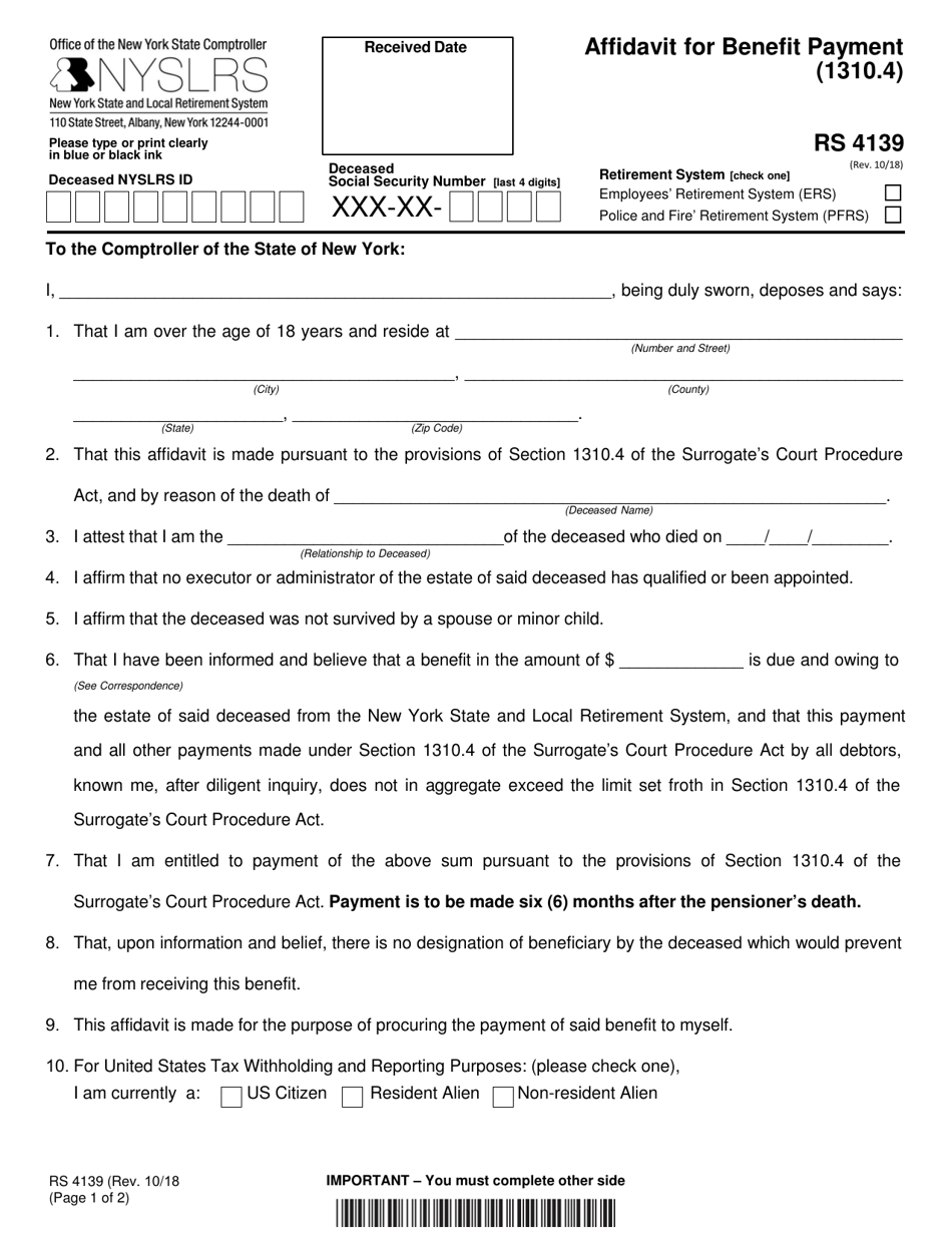 Form RS4139 Affidavit for Benefit Payment (1310.4) - New York, Page 1