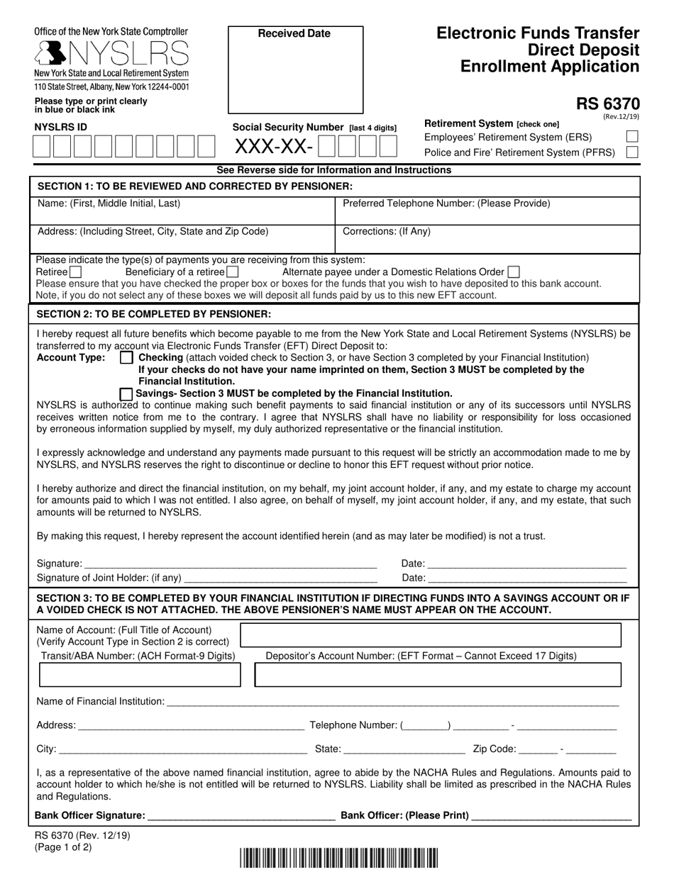 Form RS6370 Electronic Funds Transfer Direct Deposit Enrollment Application - New York, Page 1
