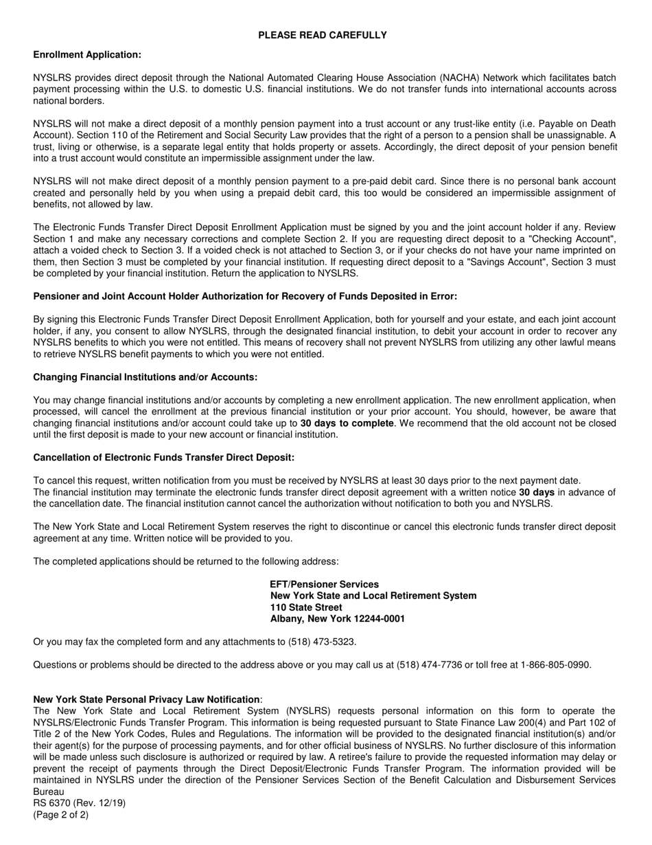 Form RS6370 Electronic Funds Transfer Direct Deposit Enrollment Application - New York, Page 2