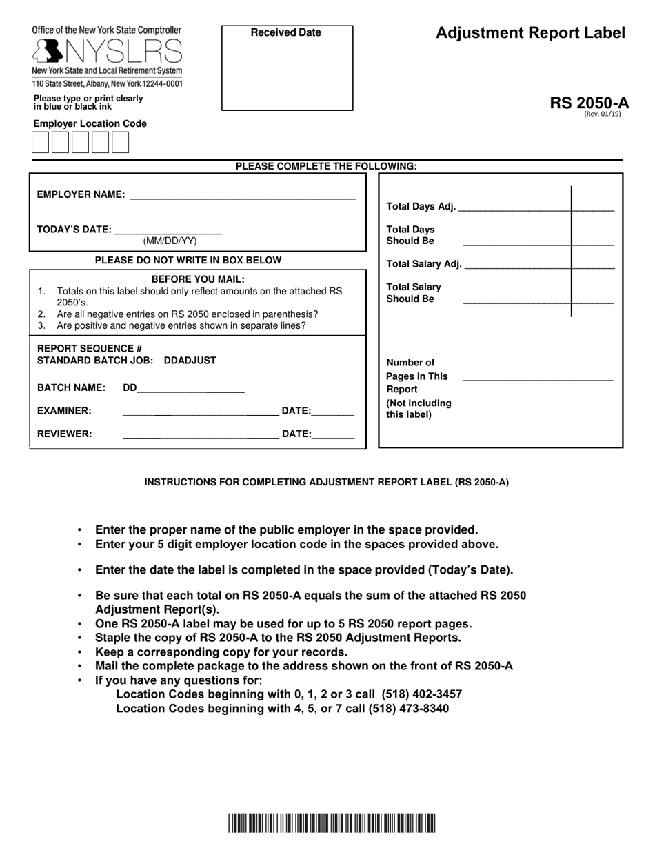 Form RS2050-A Adjustment Report Label - New York, Page 1
