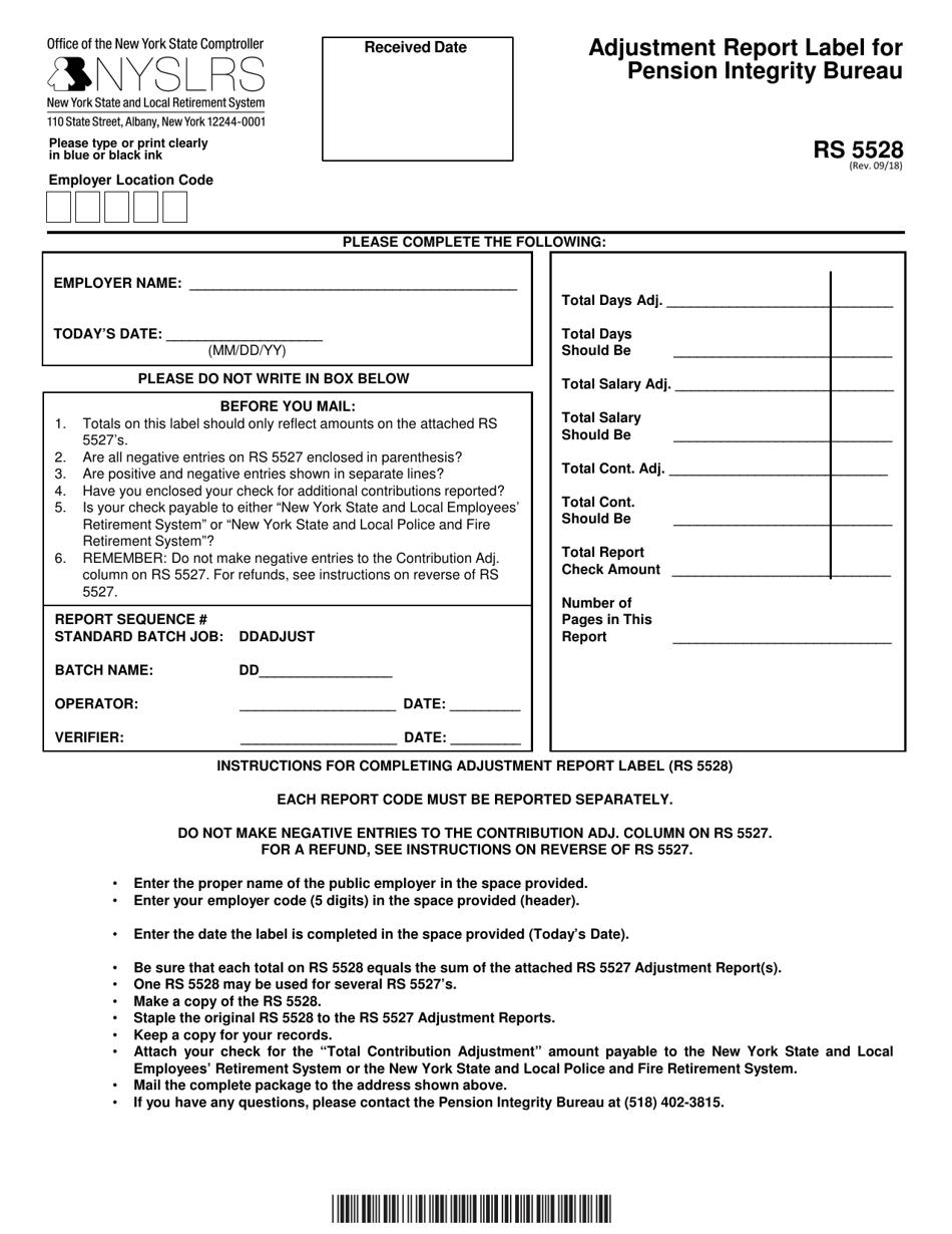 Form RS5528 Adjustment Report Label for Pension Integrity Bureau - New York, Page 1