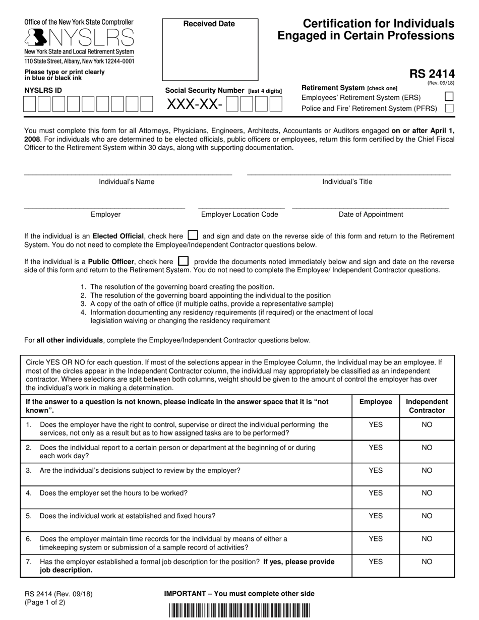 Form RS2414 Certification for Individuals Engaged in Certain Professions - New York, Page 1