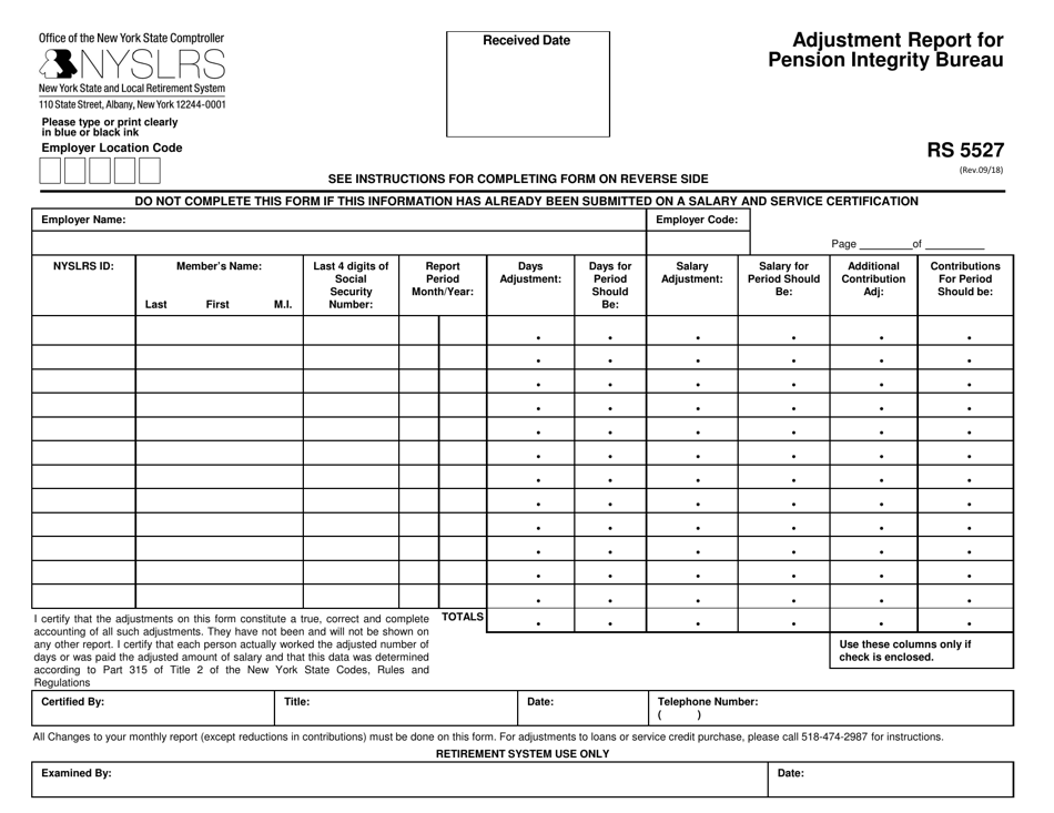 Form RS5527 Adjustment Report for Pension Integrity Bureau - New York, Page 1