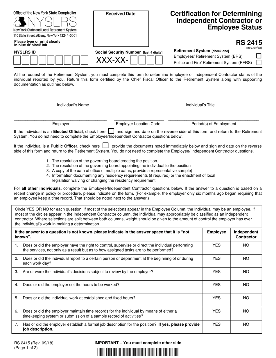 Form RS2415 Certification for Determining Independent Contractor or Employee Status - New York, Page 1
