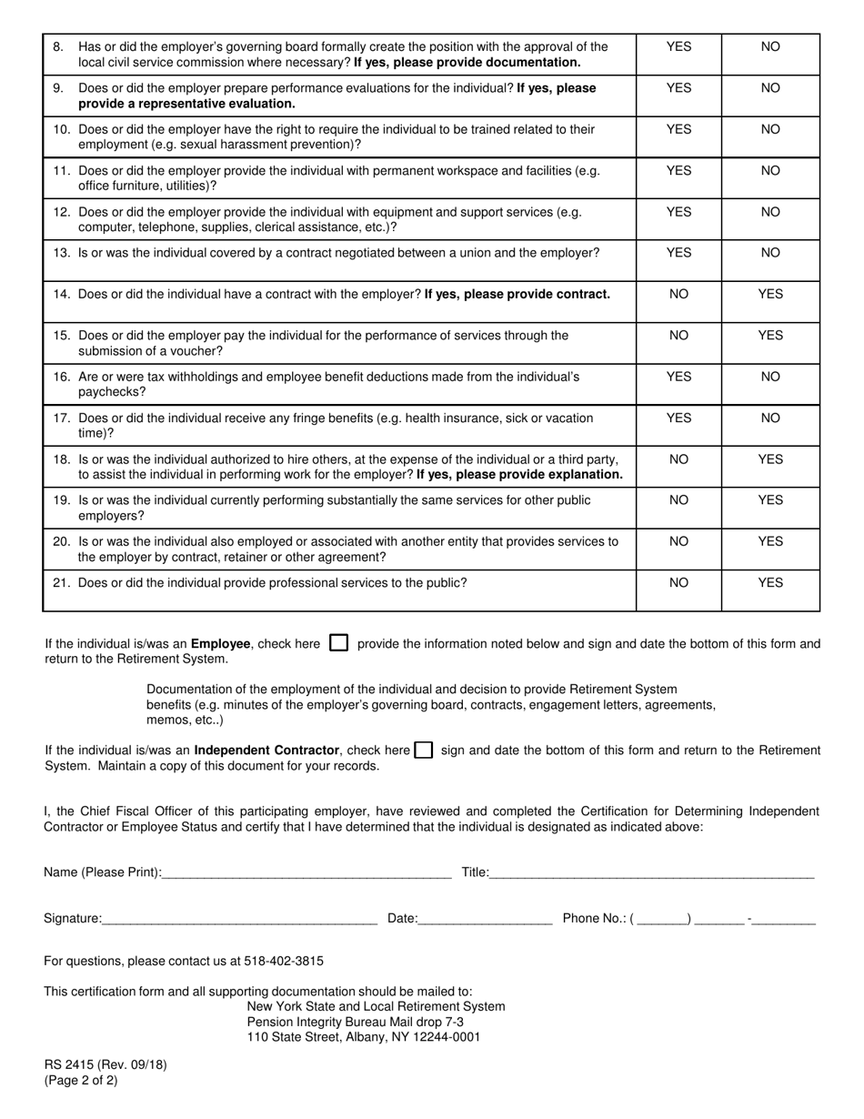 Form RS2415 Certification for Determining Independent Contractor or Employee Status - New York, Page 2