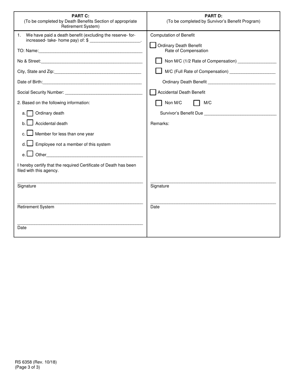 Form RS6358 Survivors Benefit Program Notification of Employees Death - New York, Page 3