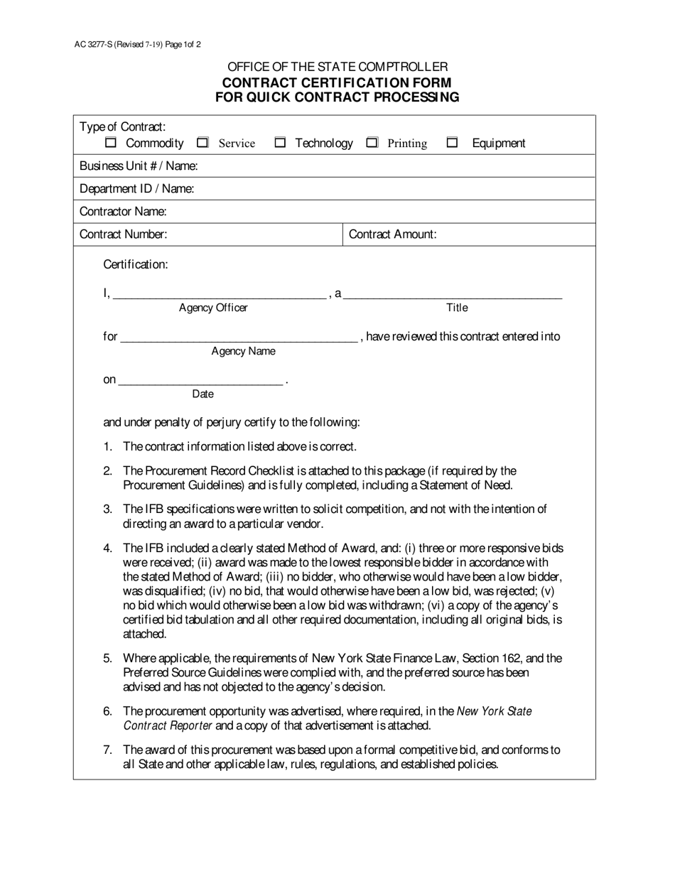 Form AC3277-S Contract Certification Form for Quick Contract Processing - New York, Page 1