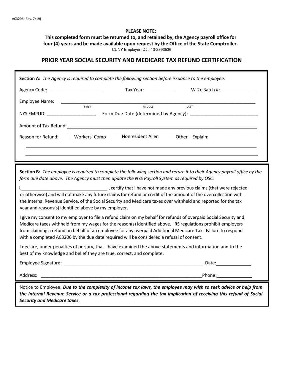 Form AC3206 Prior Year Social Security and Medicare Tax Refund Certification - New York, Page 1