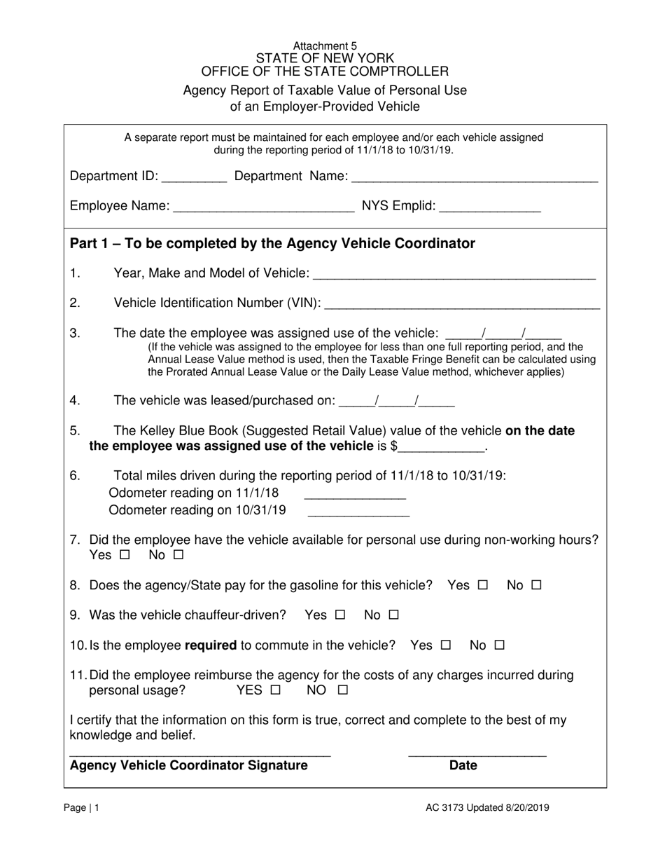 Form AC3173 Attachment 5 Agency Report of Taxable Value of Personal Use of an Employer-Provided Vehicle - New York, Page 1