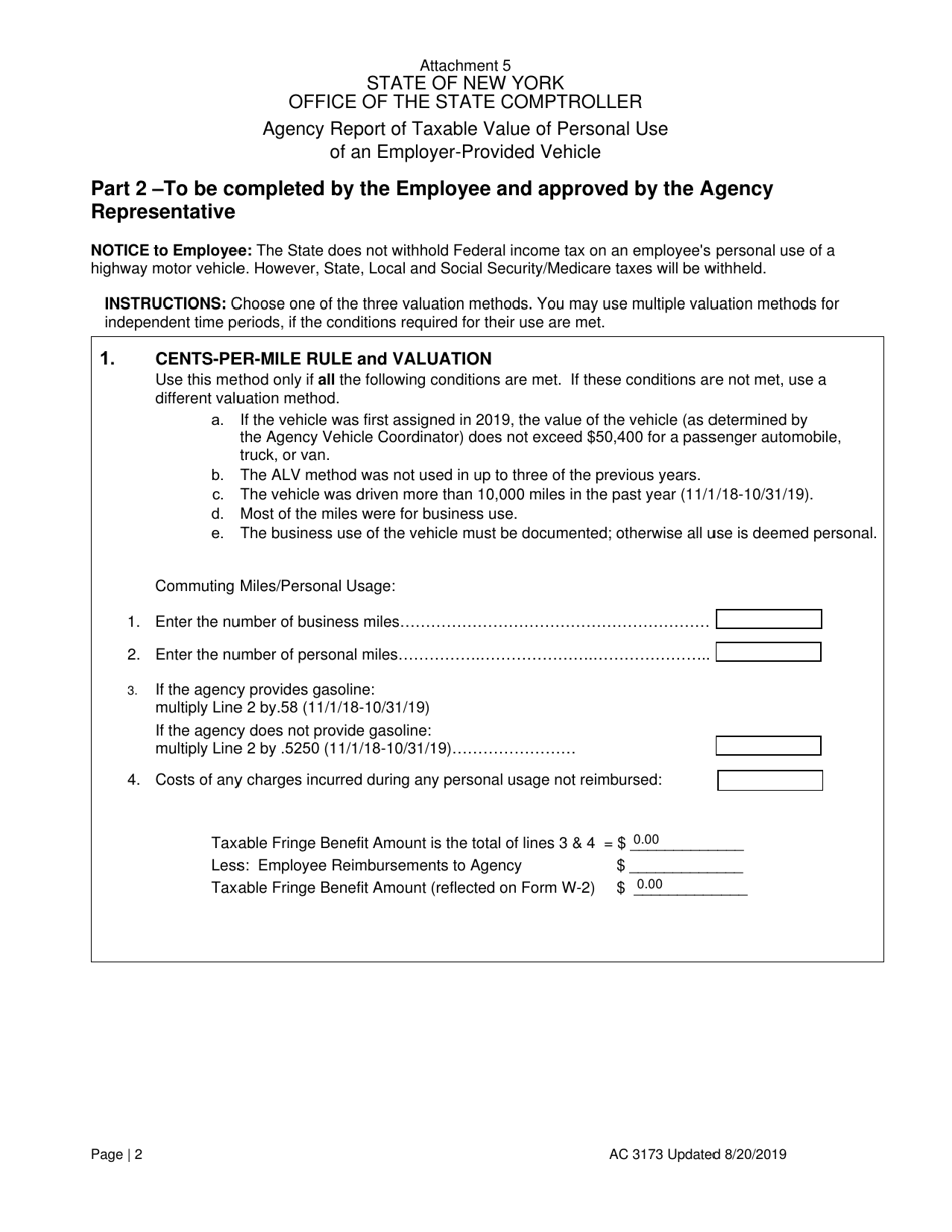 Form AC3173 Attachment 5 Agency Report of Taxable Value of Personal Use of an Employer-Provided Vehicle - New York, Page 2