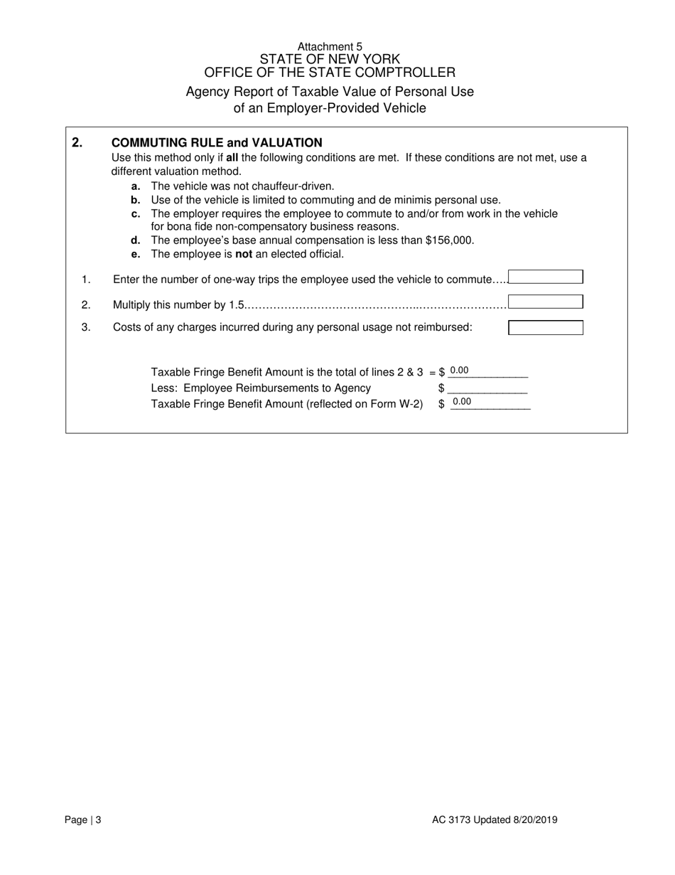 Form AC3173 Attachment 5 Agency Report of Taxable Value of Personal Use of an Employer-Provided Vehicle - New York, Page 3