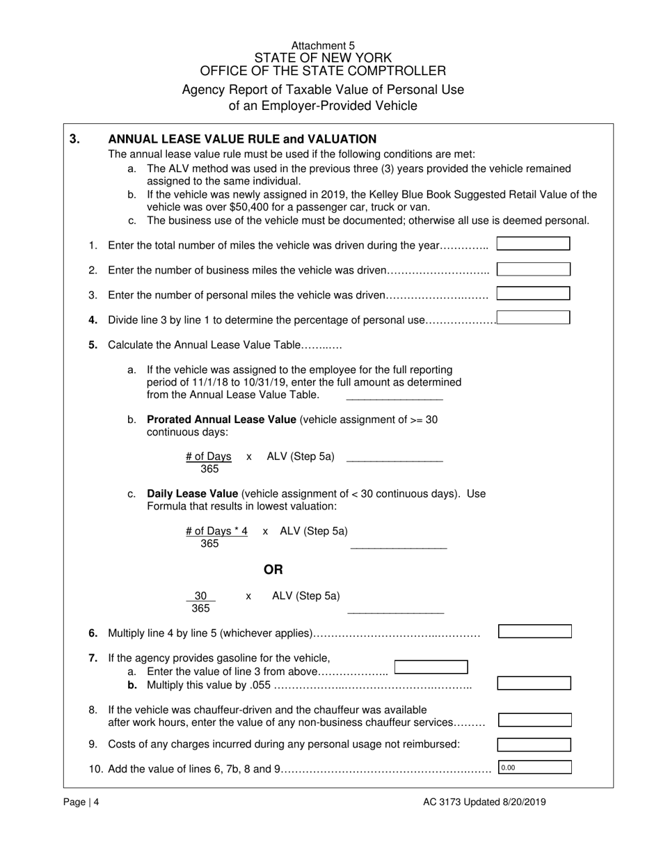 Form AC3173 Attachment 5 Agency Report of Taxable Value of Personal Use of an Employer-Provided Vehicle - New York, Page 4