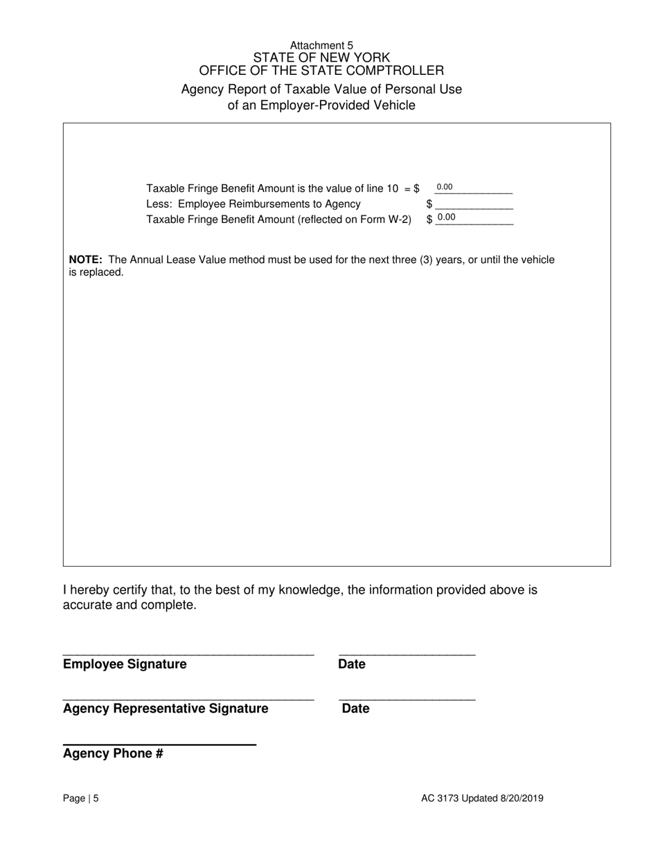 Form AC3173 Attachment 5 Agency Report of Taxable Value of Personal Use of an Employer-Provided Vehicle - New York, Page 5