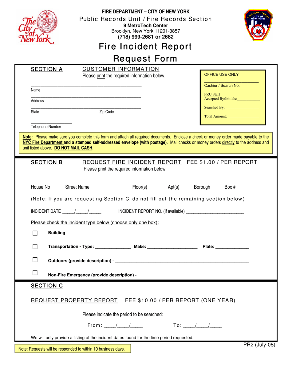 Form PR2 Fire Incident Report Request Form - New York City, Page 1