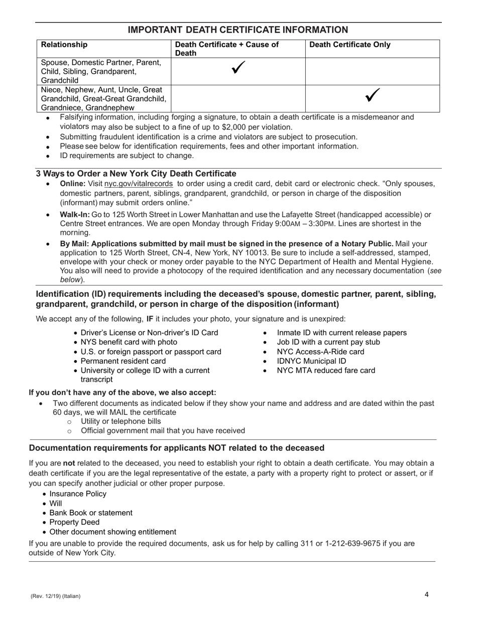 Death Certificate Application - New York City (English / Italian), Page 4