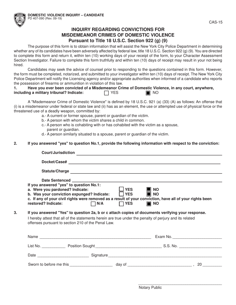 Form CAS-15 (PD407-090) Inquiry Regarding Convictions for Misdemeanor Crimes of Domestic Violence - New York City, Page 1