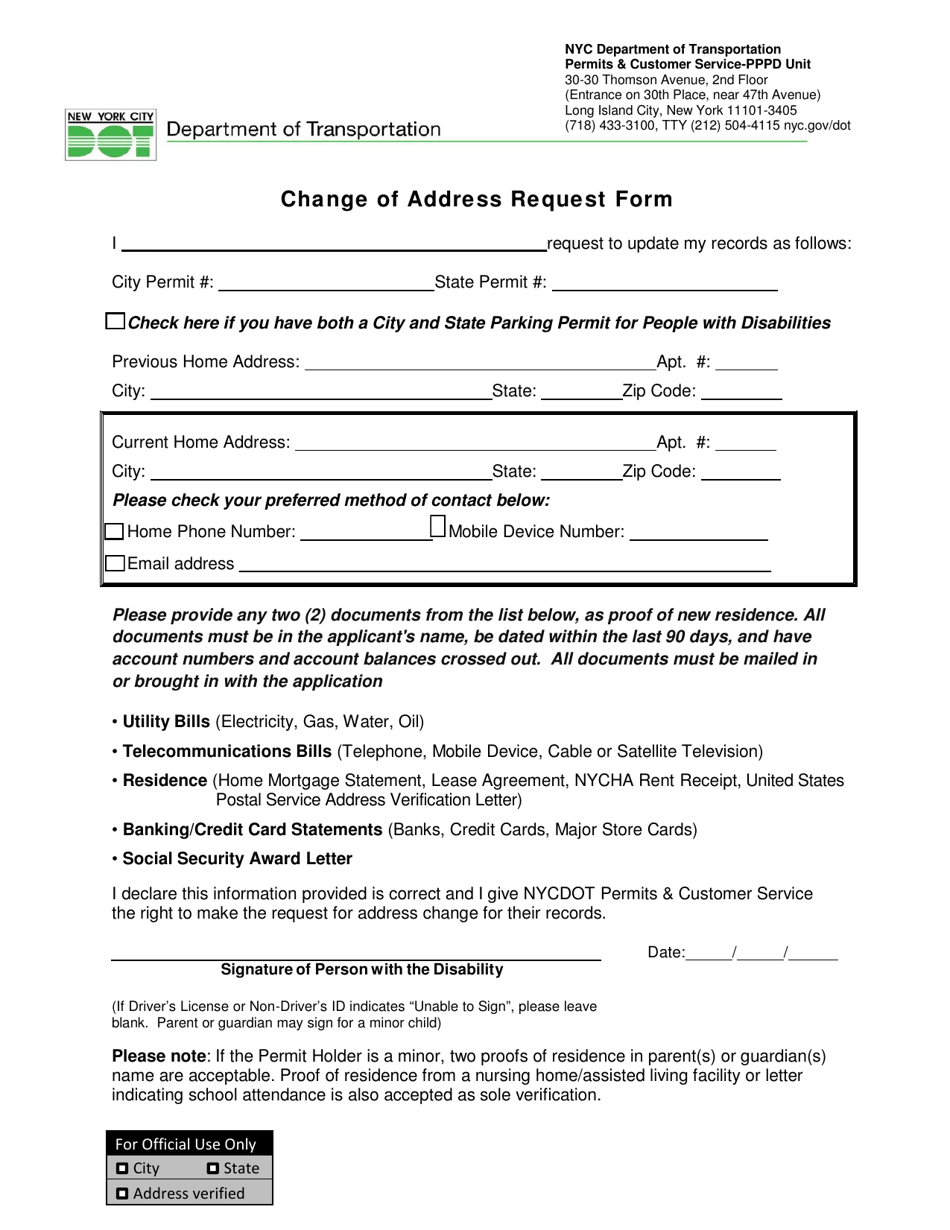 Change of Address Request Form - New York City, Page 1