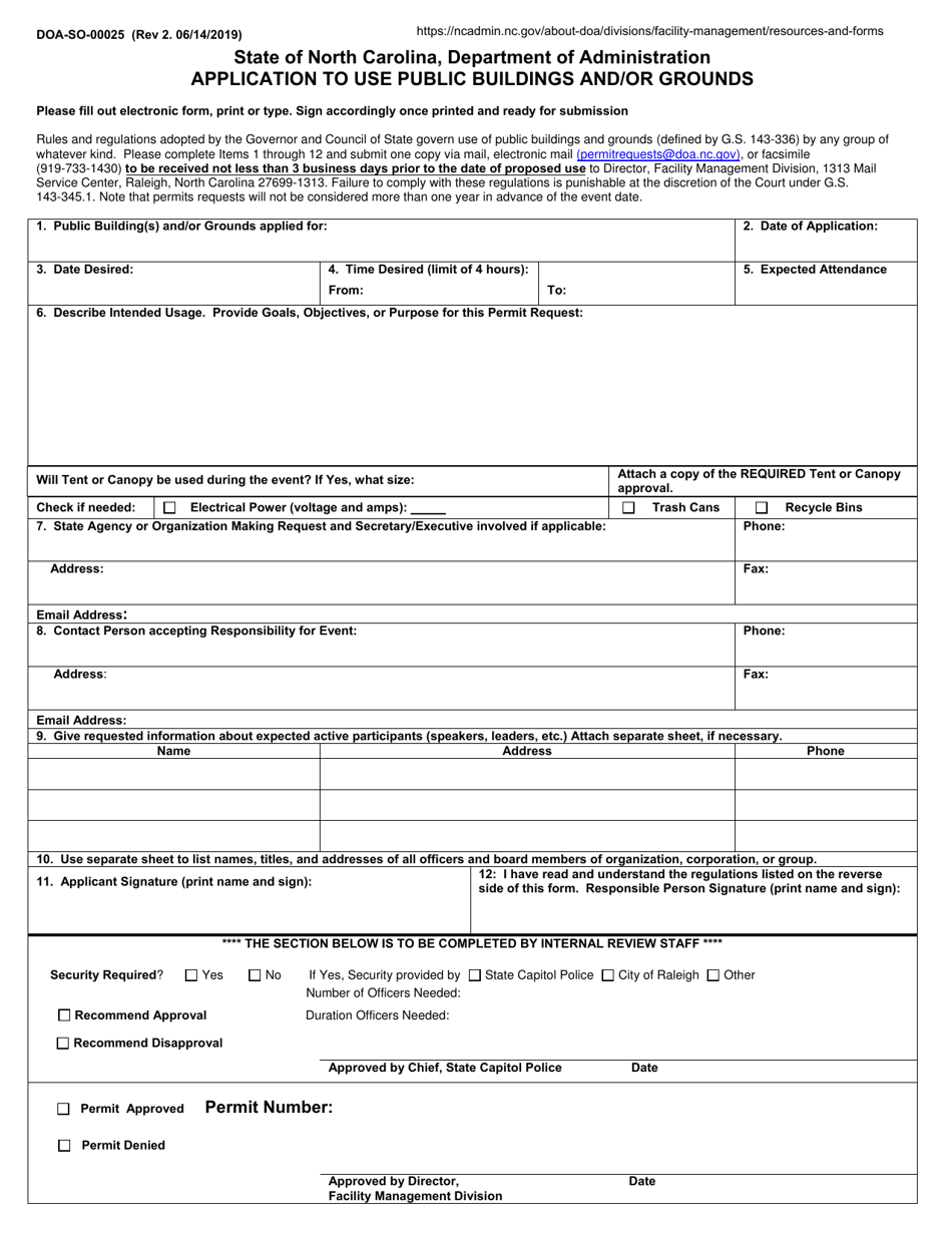 Form DOA-SO-00025 Application to Use Public Buildings and / or Grounds - North Carolina, Page 1