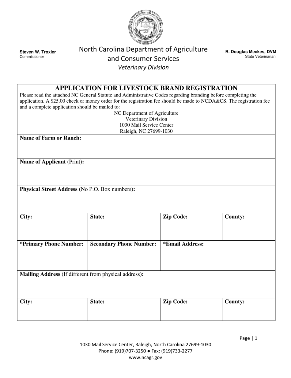 Application for Livestock Brand Registration - North Carolina, Page 1