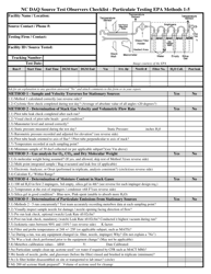 Nc Daq Source Test Observers Checklist - Particulate Testing EPA Methods 1-5 - North Carolina