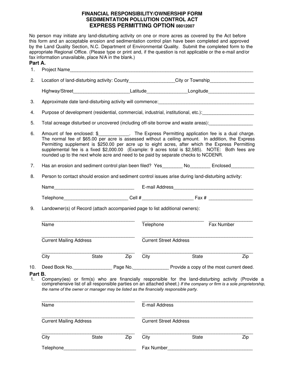 Financial Responsibility / Ownership Form Sedimentation Pollution Control Act Express Permitting Option - North Carolina, Page 1