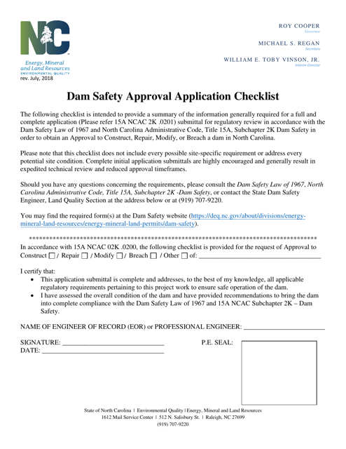 Dam Safety Approval Application Checklist - North Carolina Download Pdf