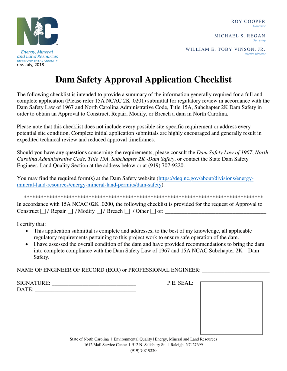 Dam Safety Approval Application Checklist - North Carolina, Page 1