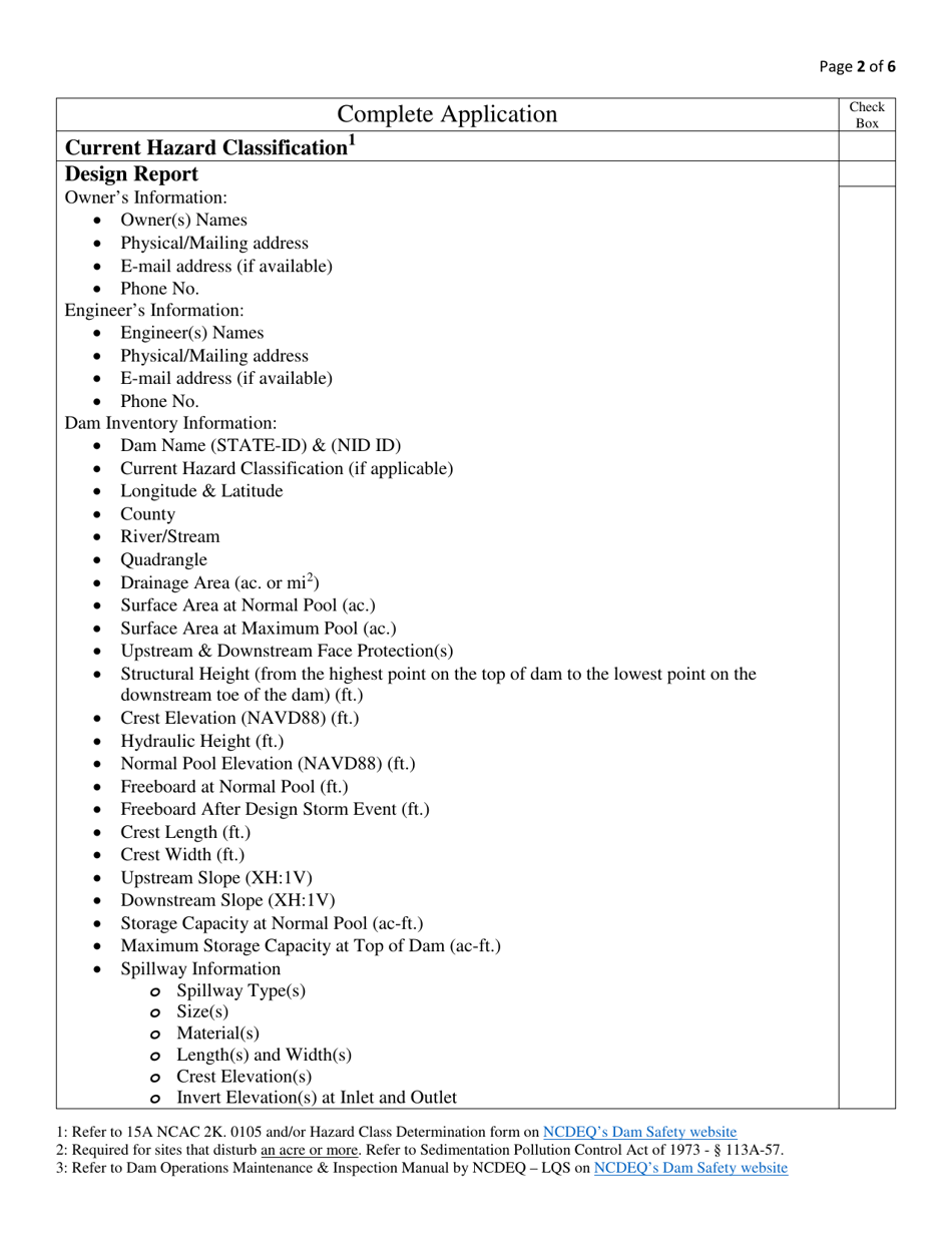 Dam Safety Approval Application Checklist - North Carolina, Page 2