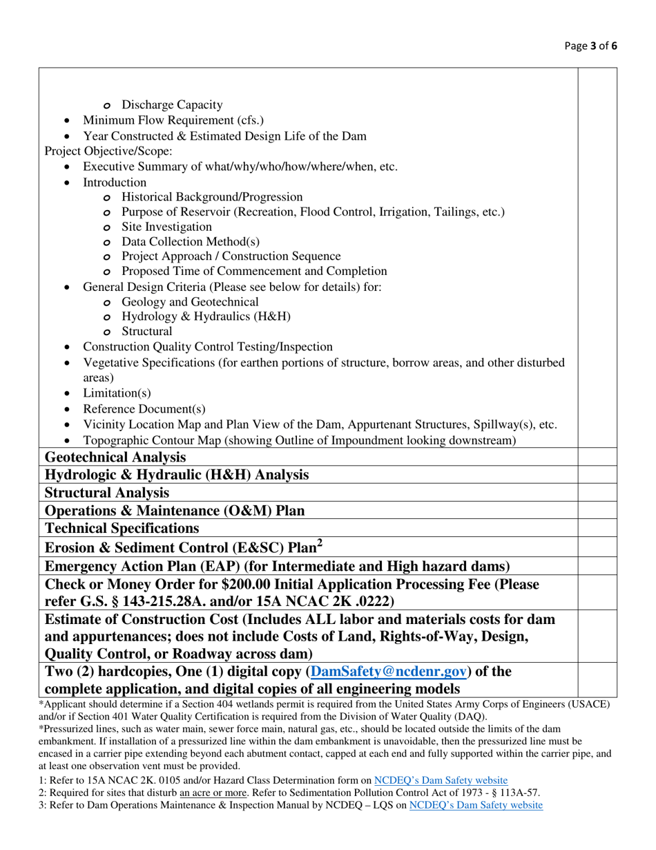 Dam Safety Approval Application Checklist - North Carolina, Page 3
