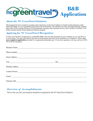 Document preview: Application Form for Sustainable Bed & Breakfasts - North Carolina