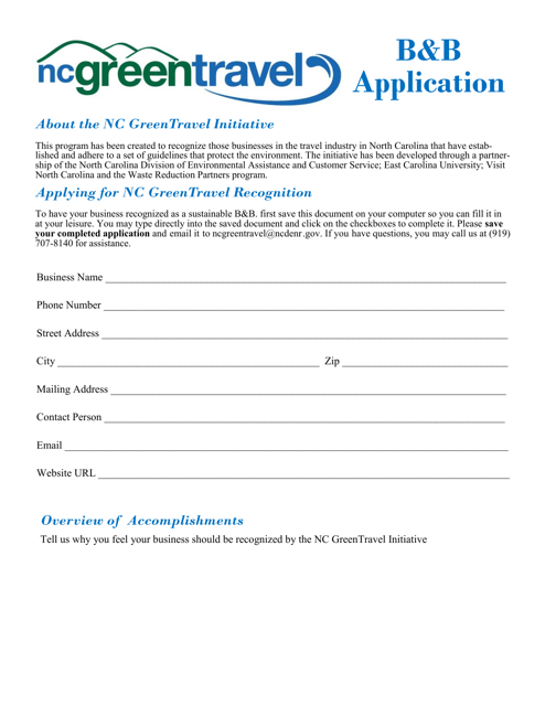 Application Form for Sustainable Bed & Breakfasts - North Carolina Download Pdf