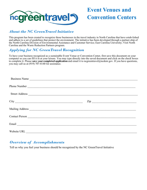 Application Form for Event Venues & Convention Centers - North Carolina Download Pdf