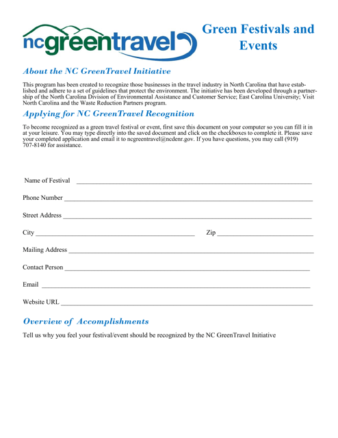 Application Form for Sustainable Festivals and Events - North Carolina Download Pdf