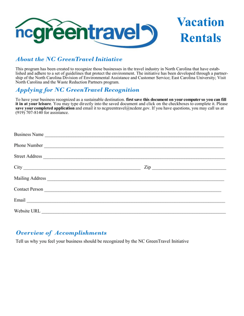 Application Form for Sustainable Vacation Rentals - North Carolina Download Pdf