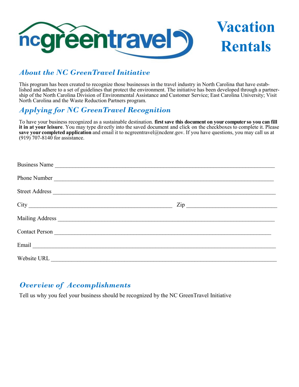 Application Form for Sustainable Vacation Rentals - North Carolina, Page 1