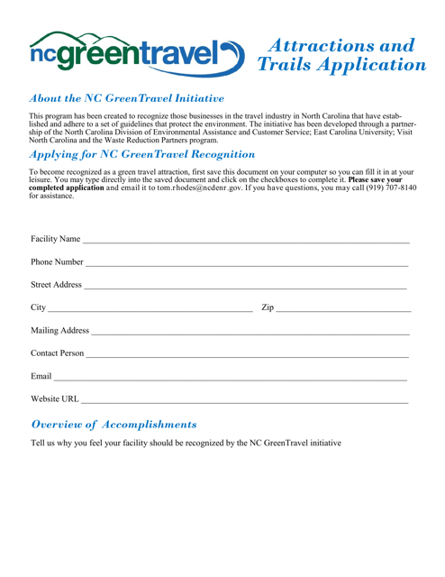 Application Form for Sustainable Attractions - North Carolina Download Pdf