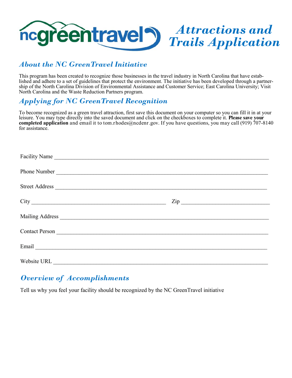 Application Form for Sustainable Attractions - North Carolina, Page 1