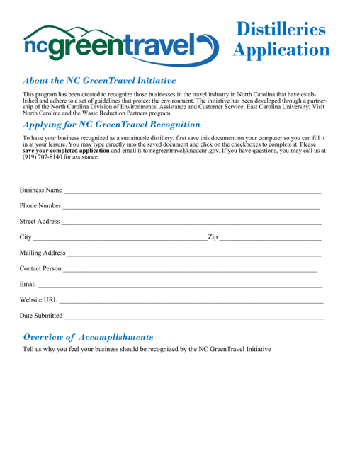 Application Form for Sustainable Distilleries - North Carolina Download Pdf