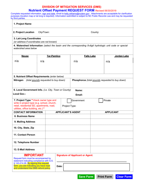 Nutrient Offset Payment Request Form - North Carolina