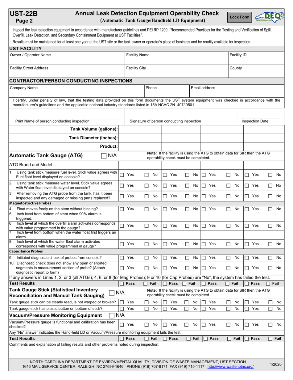 Form UST-22B Annual Leak Detection Equipment Operability Check (Interstitial Sensors) - North Carolina, Page 2