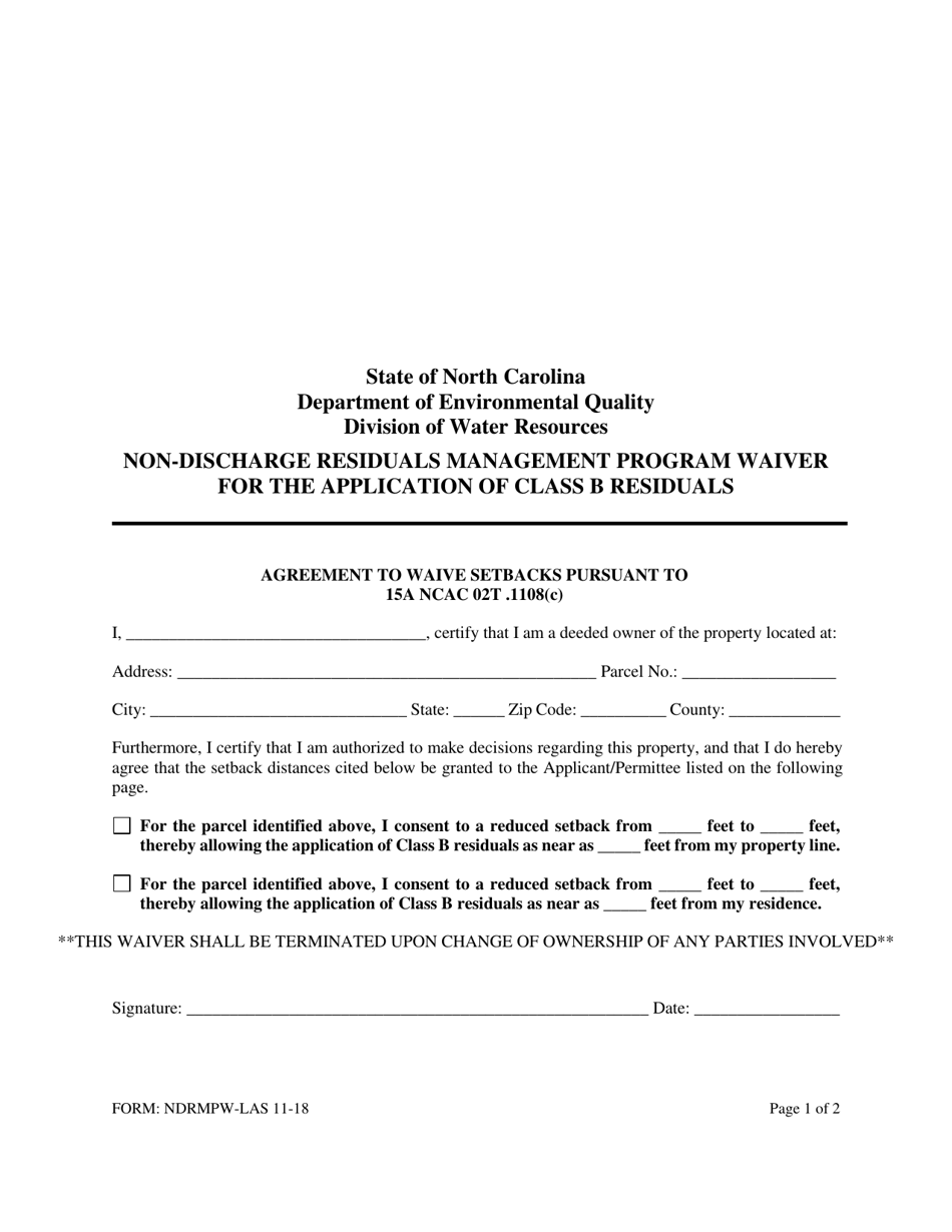 Form NDRMPW-LAS Non-discharge Residuals Management Program Waiver for the Application of Class B Residuals - North Carolina, Page 1