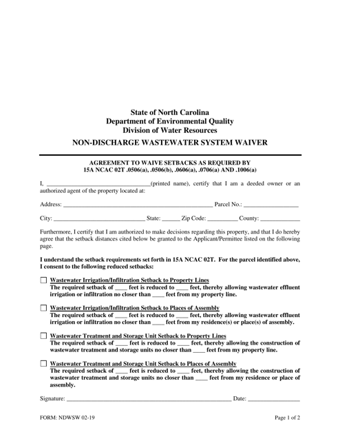 Form NDWSW Non-discharge Wastewater System Waiver - North Carolina