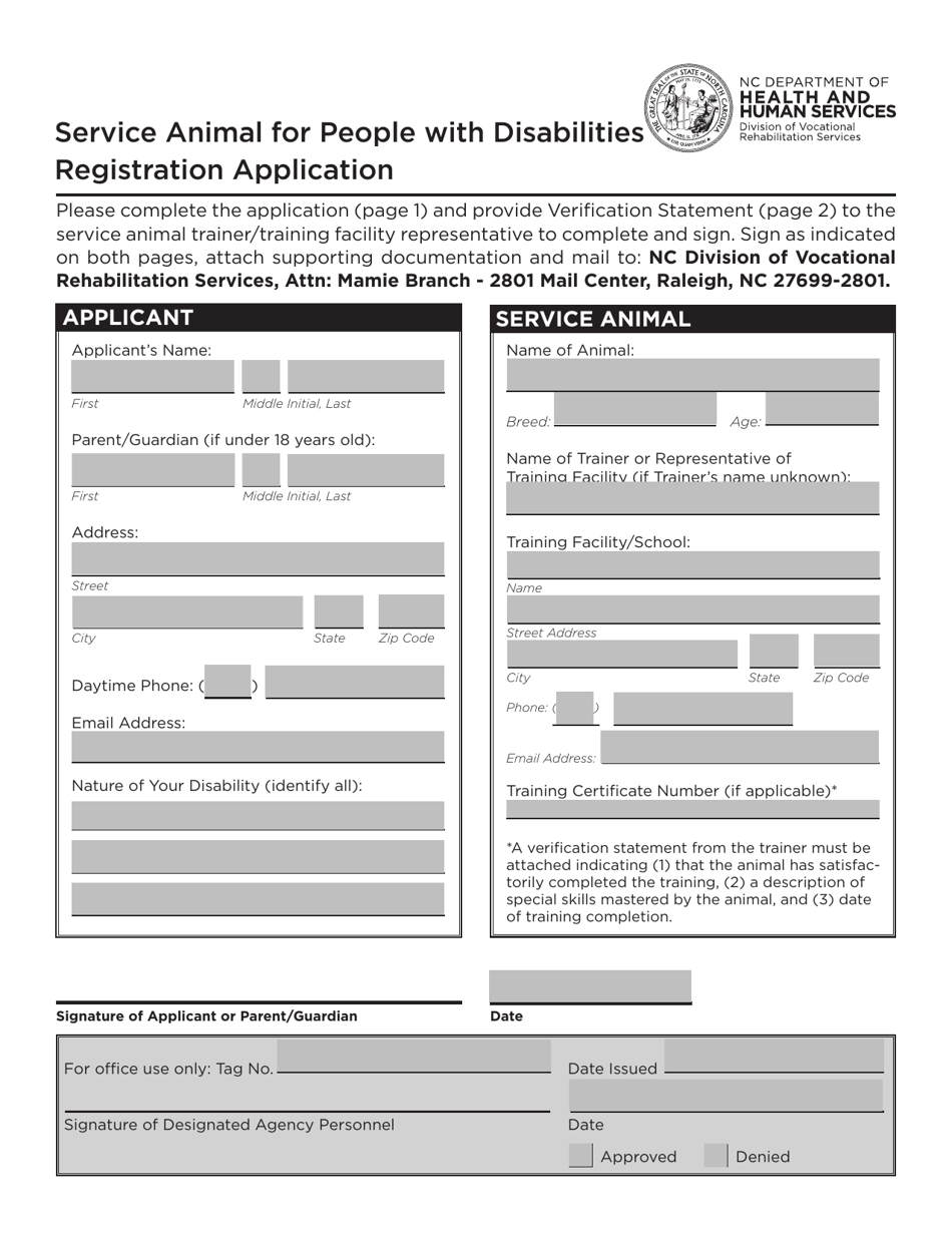 Service Animal for People With Disabilities Registration Application - North Carolina, Page 1