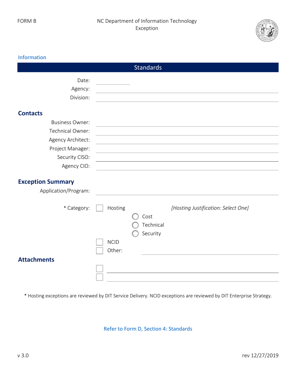 Form B Exception Form - Standards - North Carolina, Page 1