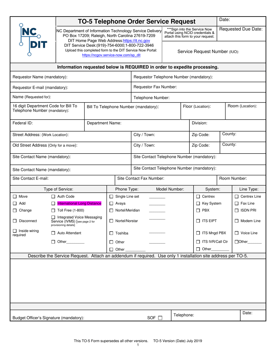 Form TO5 Fill Out, Sign Online and Download Fillable PDF, North