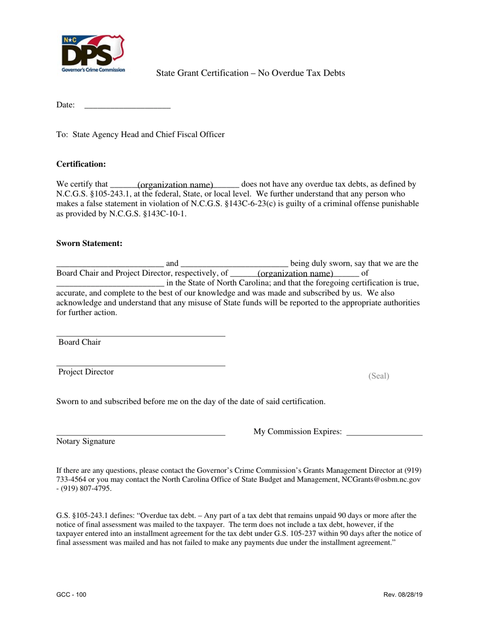 Form GCC-100 State Grant Certification - No Overdue Tax Debts - North Carolina, Page 1