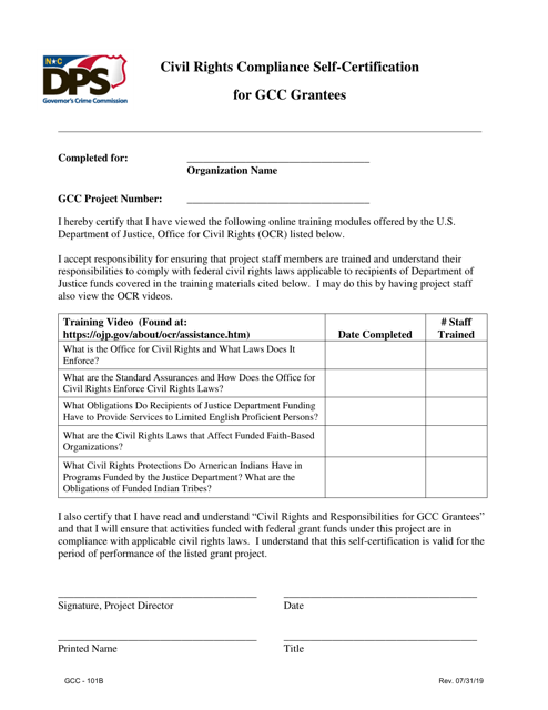 Form GCC-101B Civil Rights Compliance Self-certification for Gcc Grantees - North Carolina