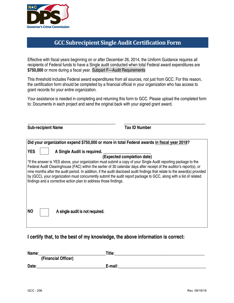 Form GCC-206 Gcc Subrecipient Single Audit Certification Form - North Carolina, Page 1