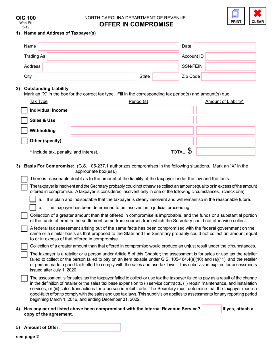 Form OIC100 Offer in Compromise - North Carolina, Page 1