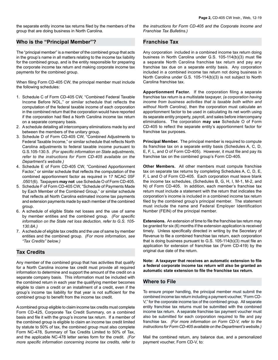 Instructions for Form CD-405 CW Combined Corporate Income Tax Worksheet - North Carolina, Page 2